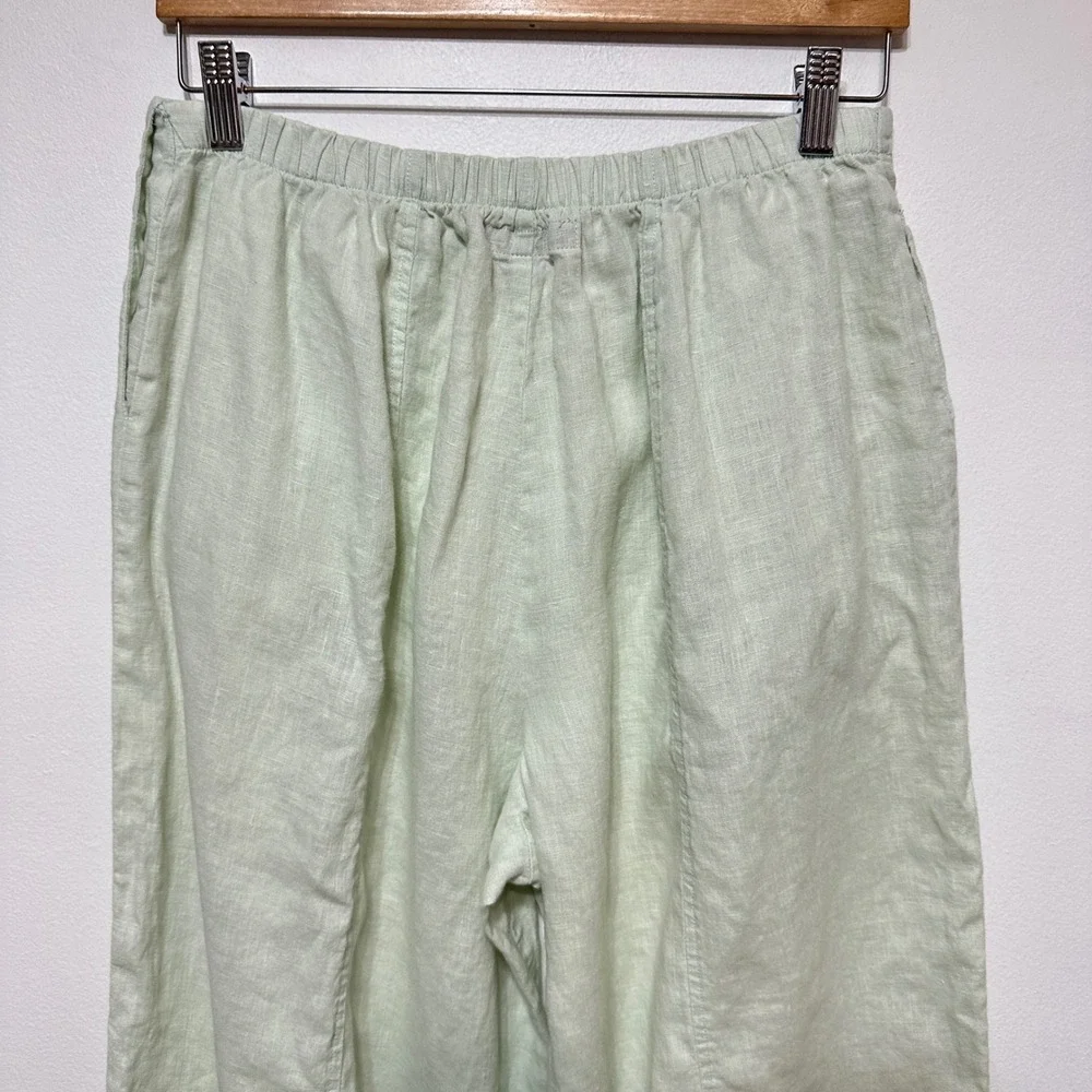 FLAX 100% Linen Wide Leg Pants Womens Small Mint Green Elastic Waist *Flaw